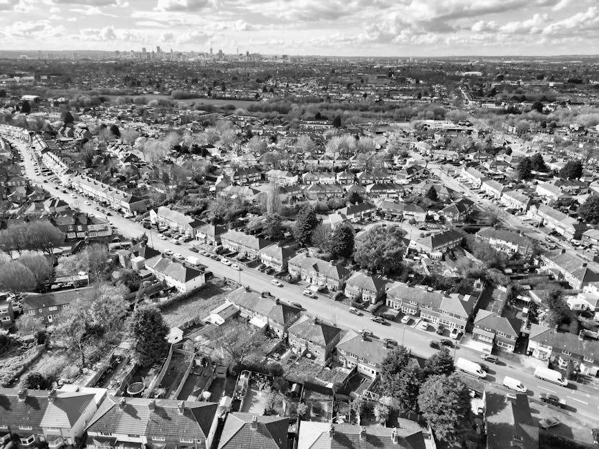 Black and white aerial photograph showing a suburban residential area with rows of terraced houses and semi-detached homes along a main street. The street is lined with parked cars and is situated within a neighbourhood featuring trees, gardens, and backyards. In the background, open fields and distant city skyline are visible under a partly cloudy sky. The image captures the broad layout of the housing estate and surrounding landscape, relevant to home relocation or furniture transport planning, as seen in services offered by Man with Van Tottenham Green, near Tottenham Green in London.